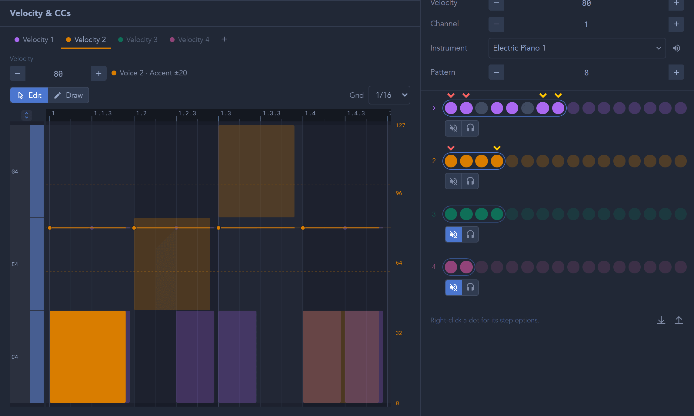 Hovering Voice 2's first dot brings its C4 forward in the piano roll, over Voice 1's notes on the same key.