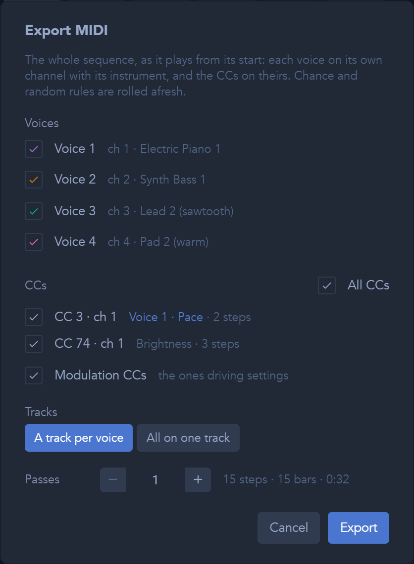 Choose voices, controllers, track layout, and the number of passes.