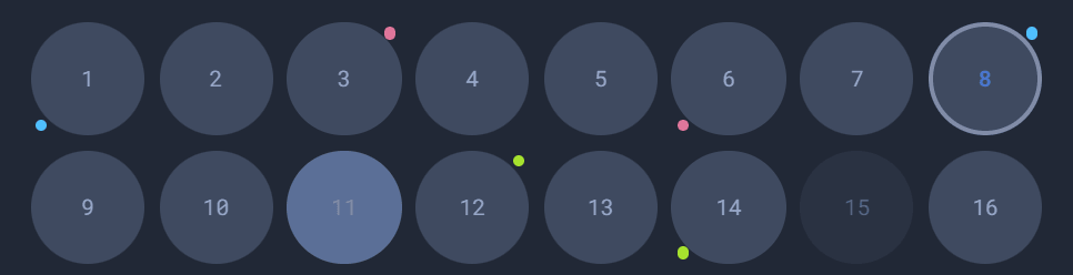 Filled circles contain material; colored pairs mark jumps. Step 8 is selected.
