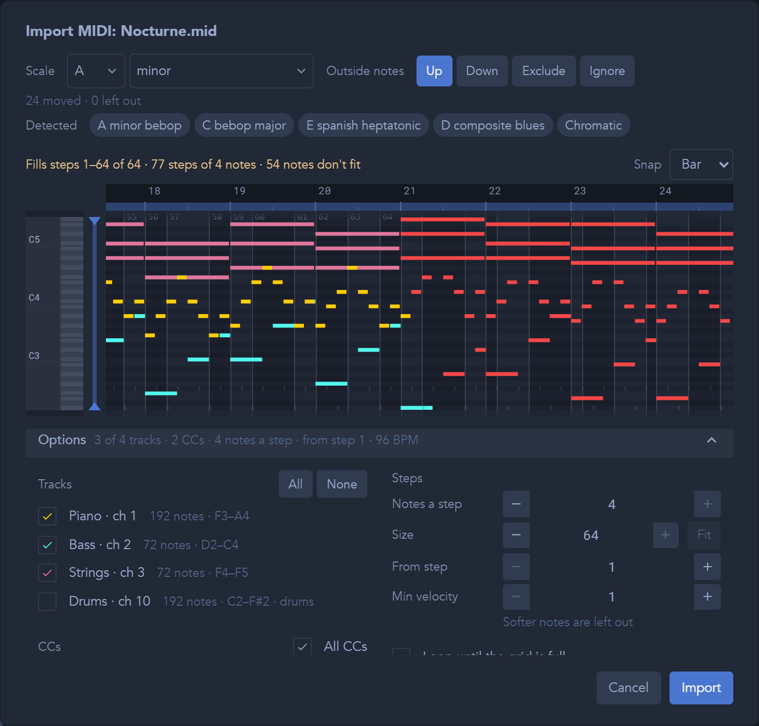 The preview shows which notes enter each step and which extend beyond the grid.