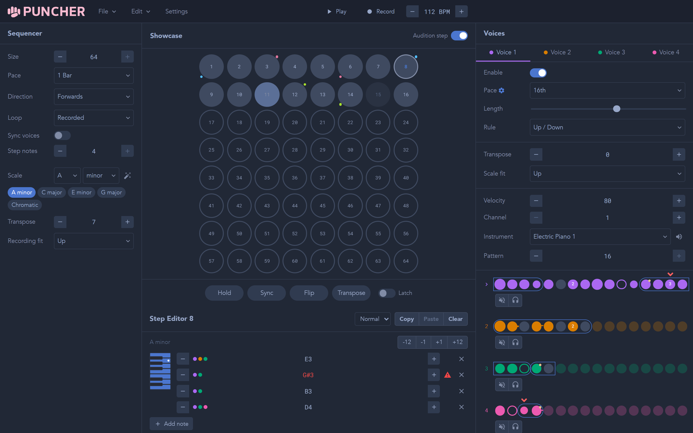 Four colored voice pattern rows with independent rhythms