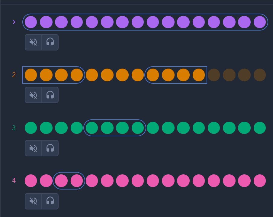 Step 2 of the same sequence. Voice 2's band splits into dots 9–12 and 1–4; Voices 3 and 4 have moved on to dots 5–8 and 3–4.