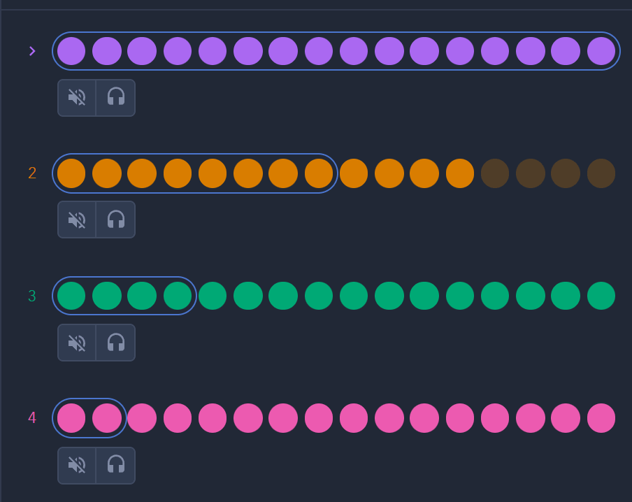 Step 1 of a 1 Bar sequence. Voices at 16th, 8th, 4th, and Half pace reach 16, 8, 4, and 2 dots.