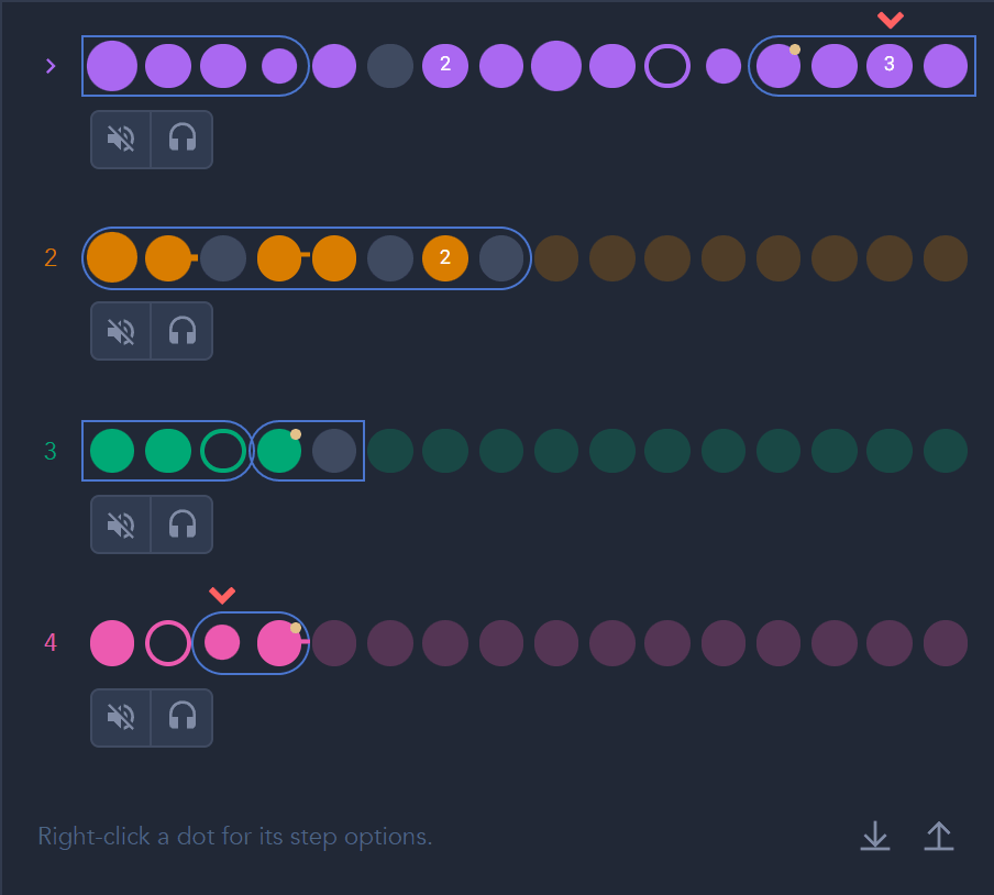 Four pattern rows, one for each voice, with Mute and Solo under each.