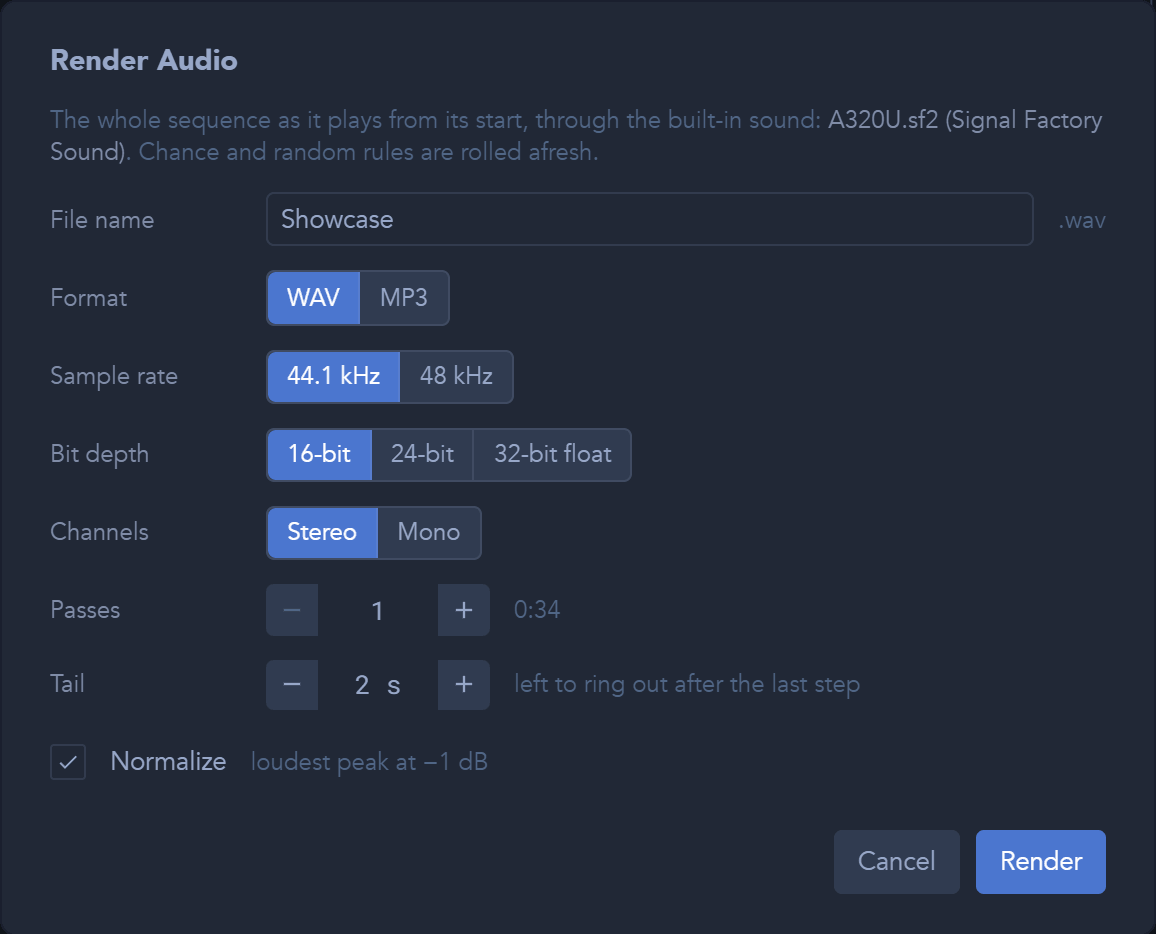 Audio render settings, including the release tail and normalization.