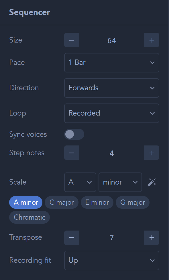 Sequencer settings control the grid's timing and route, independently of the voices.
