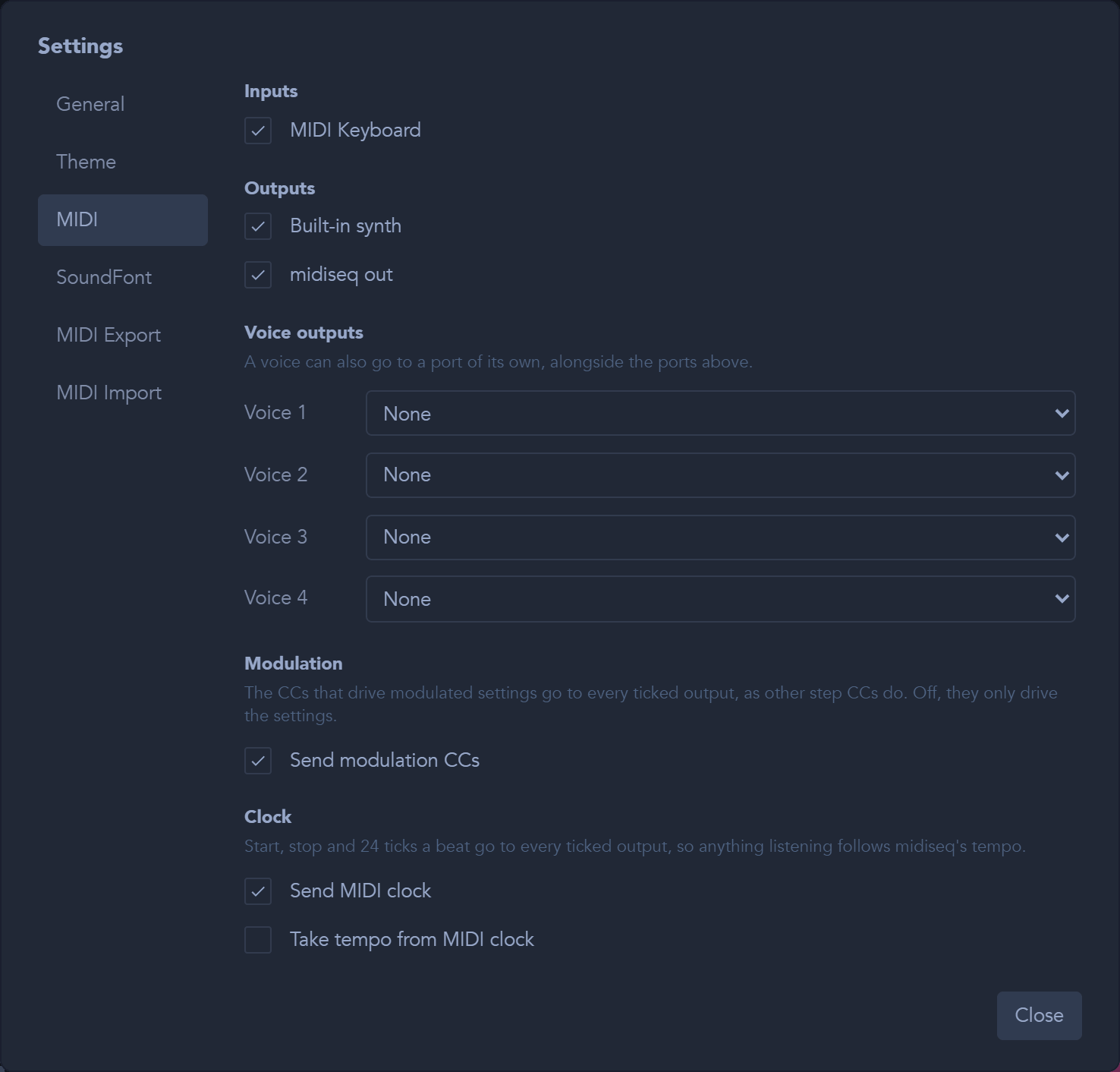 Enable the built-in synth to hear the sequence directly in your browser.