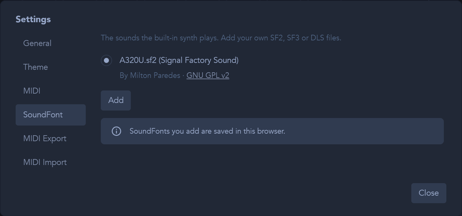 Choose the SoundFont used by the built-in synth and audio renderer.