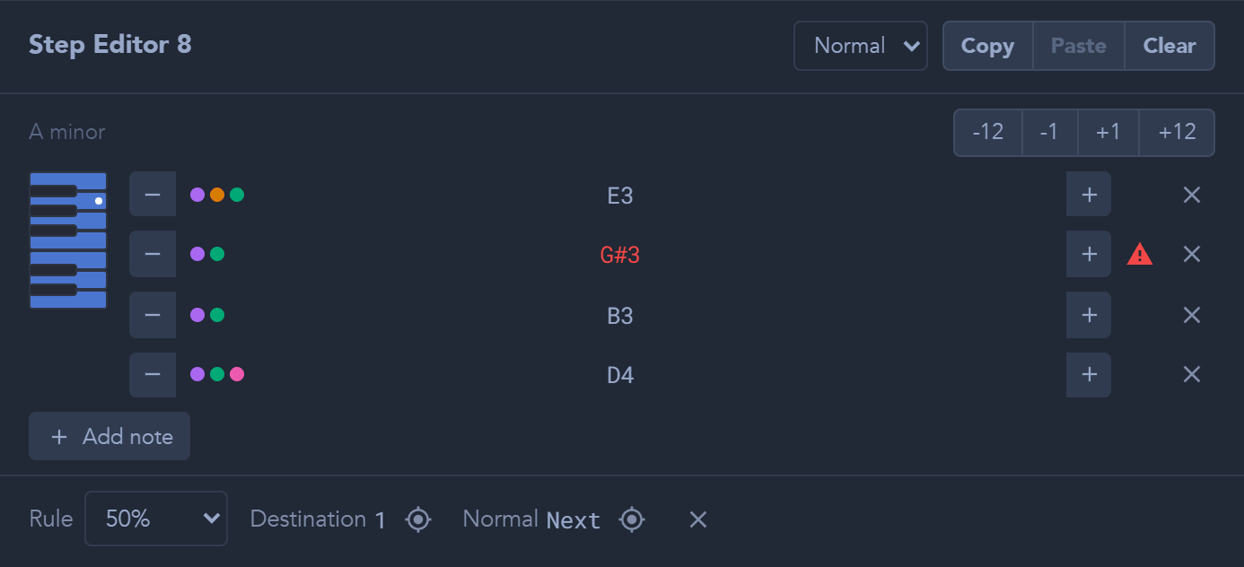 The step editor lists the selected step's notes. This example shows a four-note chord and a jump rule.
