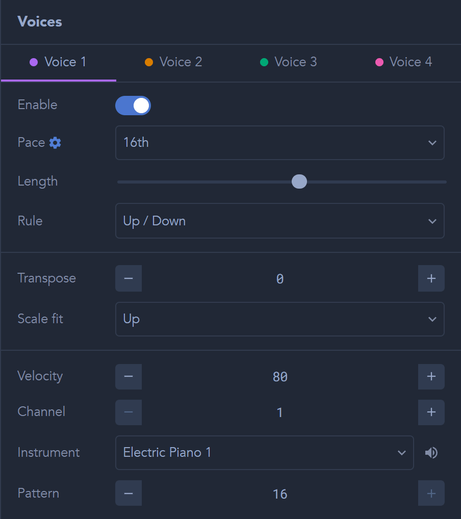 Each voice has its own tab. The selected voice's settings fill the panel below the tabs.