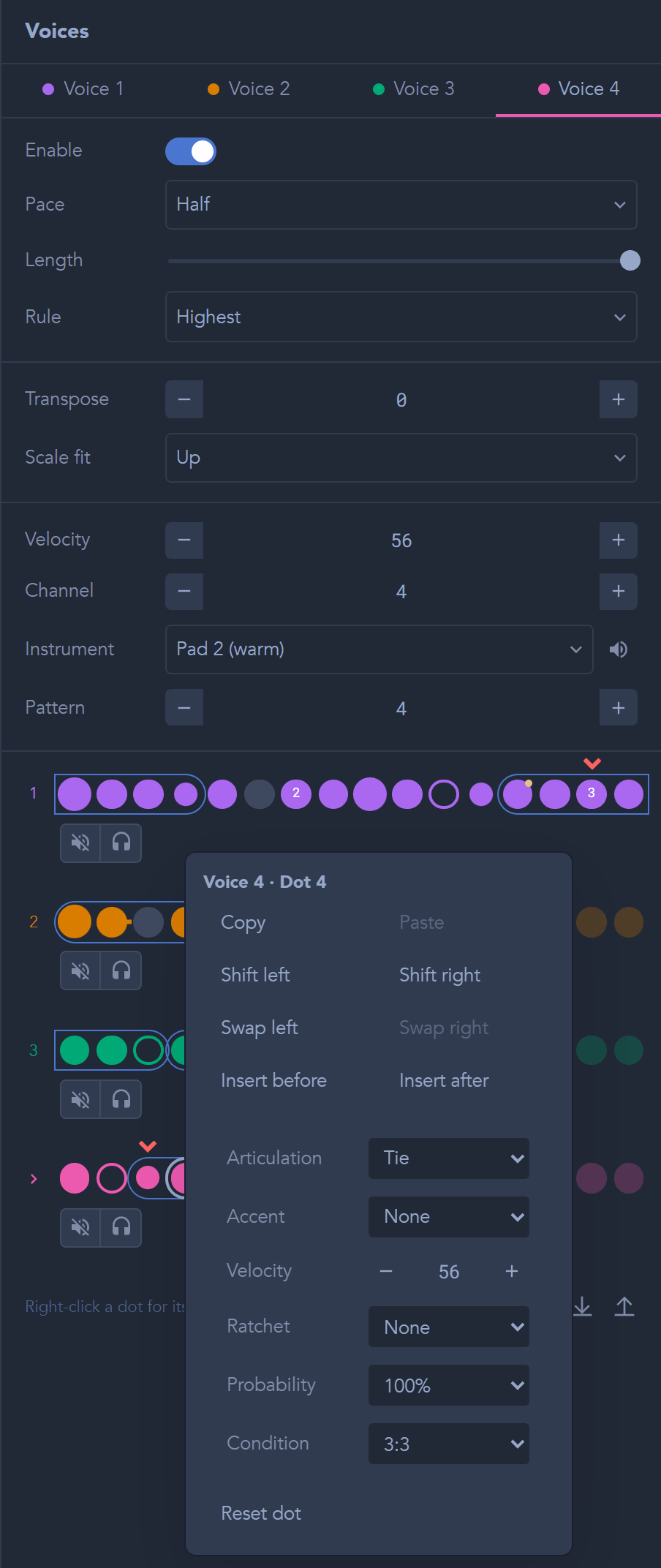 All four pattern rows stay visible while you edit one voice. Right-click a dot for its options.